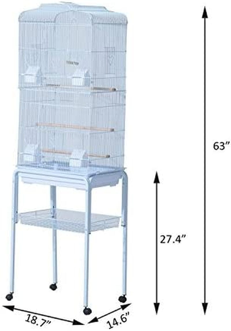 Pawhut 63" Metal Indoor Bird Cage Starter Kit with Detachable Rolling Stand, Storage Basket, and Accessories, White