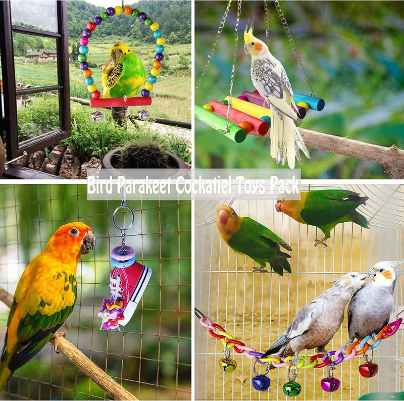 PBIEHSR Bird Parakeet Cockatiel Toys, 19 Pcs Pet Bird Cage Swing Hammock Shoe Chewing Toy Hanging Bell Wooden Perch for Conures, Love Birds, Finches, Budgie