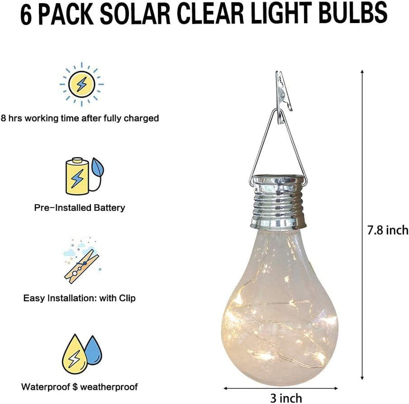 Pearlstar Solar Light Bulbs Outdoor Waterproof Garden Camping Hanging LED Light Lamp Bulb Globe Hanging Lights for Home Yard Christmas Party Holiday Decorations (6 Pack-Clear Bulbs) Home & Garden > Lighting > Lamps Obell   