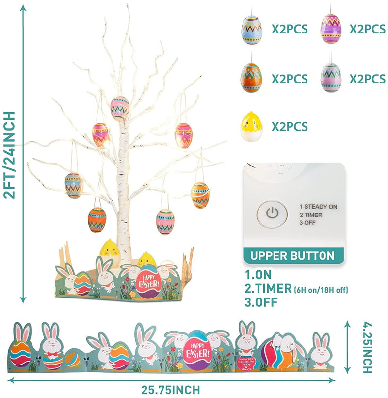 PEIDUO Easter Decorations for the Home, 2FT 24LT Easter Egg Tree Lighted with Battery Powered and Timer, Lighted Easter Tree Decor