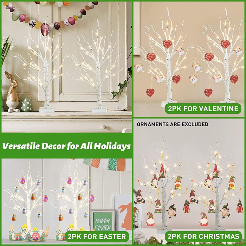 PEIDUO Easter Decorations for the Home, Set of 2 Easter Tree Battery Powered Timer, Lighted Birch Tree with LED Lights, Mantle Decor Lighted Trees for Decoration inside (2FT Warm White) Home & Garden > Decor > Seasonal & Holiday Decorations PEIDUO   