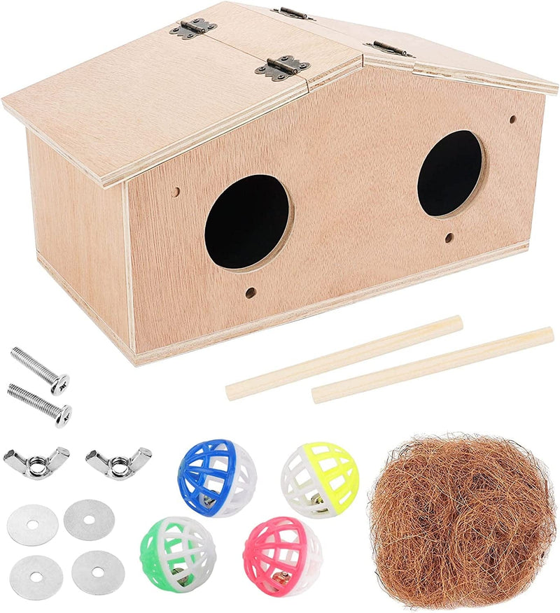 PETNANNY Parakeet Nesting Box, Wooden Bird House Pet Bird Nest Kits Breeding Box Cage Birdhouse Accessories with Bamboo Bird'S Nest, a Bag of Coconut Shreds, Bell Toys for Parrots Swallows Birds Animals & Pet Supplies > Pet Supplies > Bird Supplies > Bird Cages & Stands PETNANNY Large  