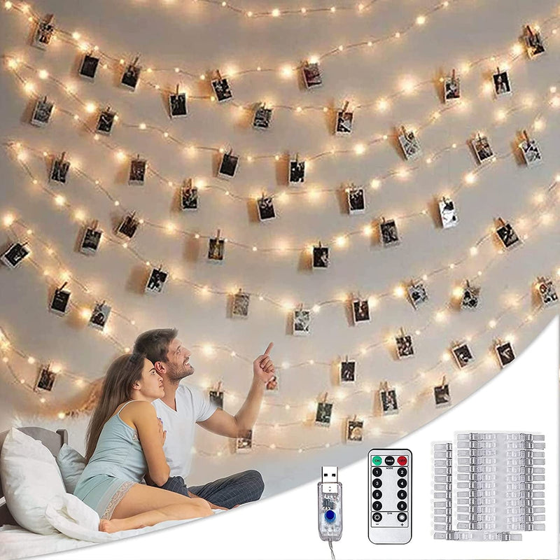 Photo Clip String Lights with Remote, 33FT 100 LED Fairy Lights Picture Clips, 8 Modes USB Powered String Light with 50 Clear Clips for Dorm, Bedroom, Christmas, Party, Wedding Decor (Warm White) Home & Garden > Lighting > Light Ropes & Strings BRYUBR 8 Mode USB Powered  