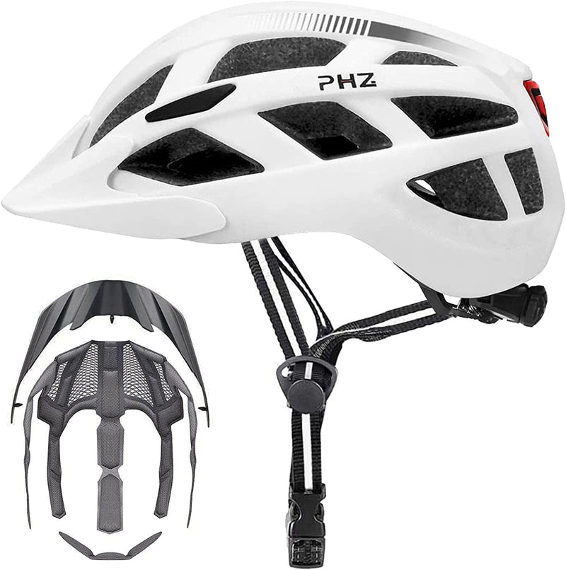PHZ. Adult Bike Helmet Bicycle Helmet with Light for Men Women Mountain Road Skateboard with Extra Replacement Detachable Visor & Inner Pads Safety Certified Sporting Goods > Outdoor Recreation > Cycling > Cycling Apparel & Accessories > Bicycle Helmets PHZ. White L(23-24 in/59-61cm) 