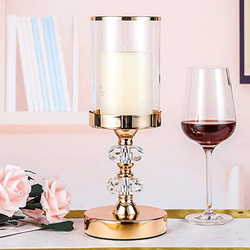 Pillar Candle Holder with Glass Lid,Candlesticks Holder for Pillar Candle, Candle Holder with Crystal Balls for Coffee Dining Table, Wedding, Christmas, Halloween, Home Decoration ZXC028M  Hanjue   