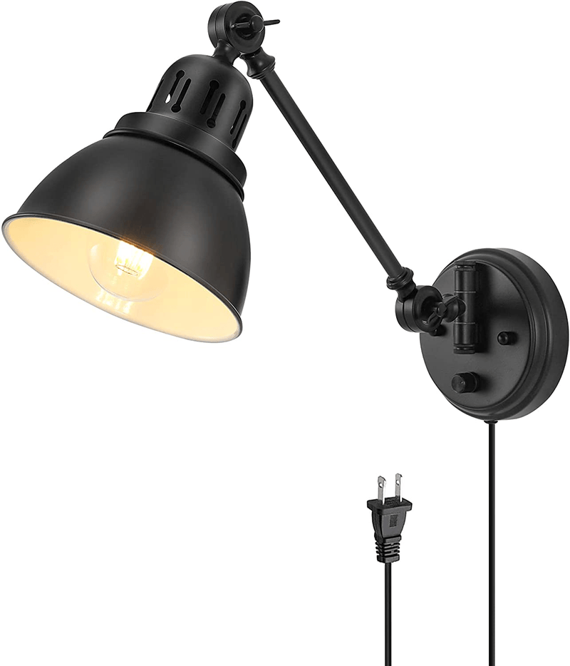 Plug in Wall Sconces, ENCOMLI Wall Sconce Lighting with Dimmable on off Switch, Swing Arm Wall Lamp, Black Metal Industrial Wall Light Fixtures, Safety E26 Base, 6FT Plug in Cord