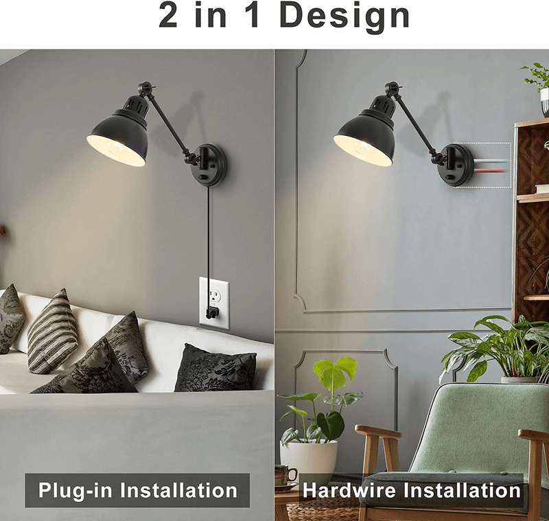 Plug in Wall Sconces, ENCOMLI Wall Sconce Lighting with Dimmable on off Switch, Swing Arm Wall Lamp, Black Metal Industrial Wall Light Fixtures, Safety E26 Base, 6FT Plug in Cord