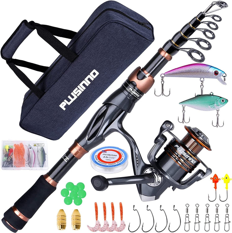 PLUSINNO Fishing Rod and Reel Combos, Bronze Warrior Toray 24-Ton Carbon Matrix Telescopic Fishing Rod Pole, 12 +1 Shielded Bearings Stainless Steel BB Spinning Reel, Travel Freshwater Fishing Gear Sporting Goods > Outdoor Recreation > Fishing > Fishing Rods PLUSINNO Full Kit with Carrier Case 2.1M 6.89FT 