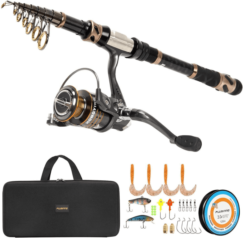 PLUSINNO Fishing Rod and Reel Combos - Carbon Fiber Telescopic Fishing Pole - Spinning Reel 12 +1 Shielded Bearings Stainless Steel BB Sporting Goods > Outdoor Recreation > Fishing > Fishing Rods PLUSINNO Full Kit with Carrier Case 2.1M 6.89FT 