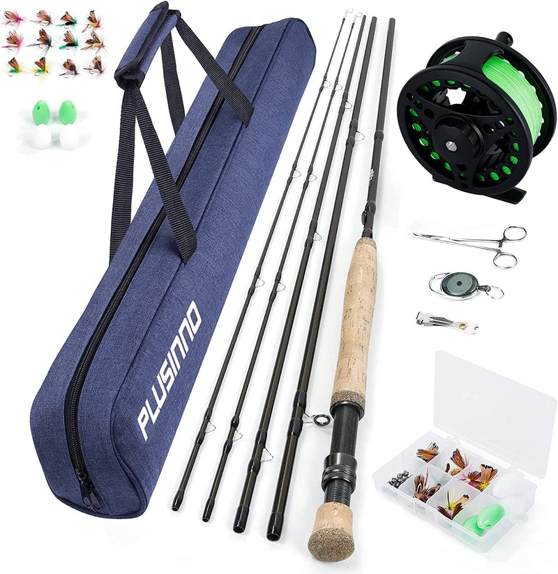 PLUSINNO Fly Fishing Rod and Reel Combo, 4 Piece Fly Fishing Starter Kit Include Graphite 5/6 Weight Fly Fishing Pole, Fly Reel, Fly Fishing Accessories, Carrier Bag, Fly Box Case & Fishing Flies Sporting Goods > Outdoor Recreation > Fishing > Fishing Rods PLUSINNO Cork Grip - Grey Ring  