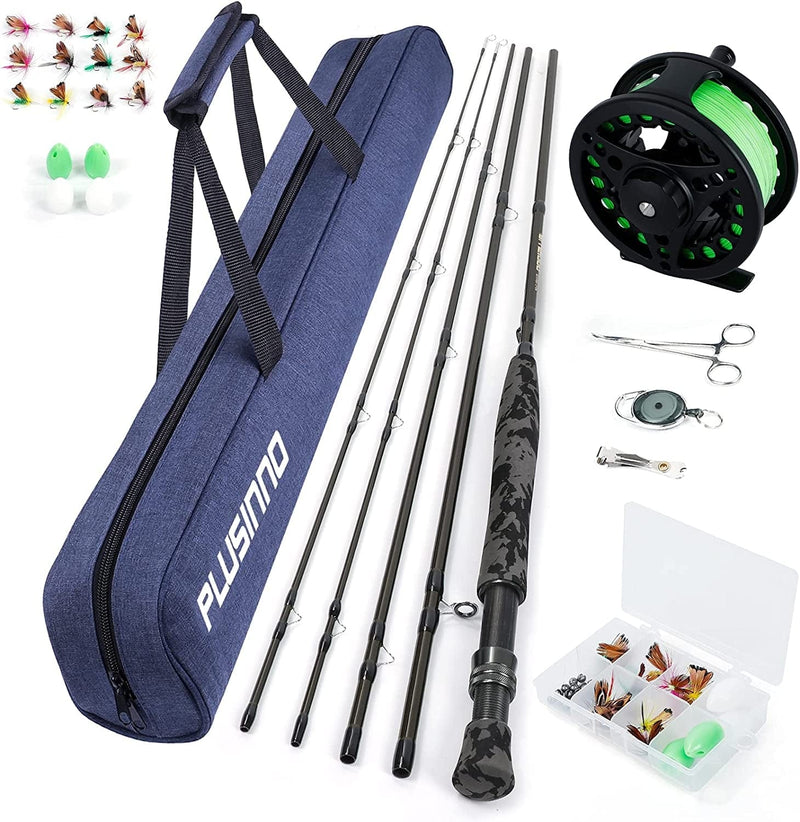 PLUSINNO Fly Fishing Rod and Reel Combo, 4 Piece Fly Fishing Starter Kit Include Graphite 5/6 Weight Fly Fishing Pole, Fly Reel, Fly Fishing Accessories, Carrier Bag, Fly Box Case & Fishing Flies Sporting Goods > Outdoor Recreation > Fishing > Fishing Rods PLUSINNO Camo Grip - Grey Ring  