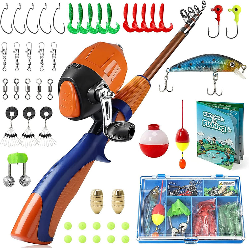 PLUSINNO Kids Fishing Pole,Ice Telescopic Fishing Rod and Reel Full Kits, Spincast Youth Fishing Pole Fishing Gear for Kids, Boys Sporting Goods > Outdoor Recreation > Fishing > Fishing Rods PLUSINNO Orange Handle without Bag 150CM 59.05IN 