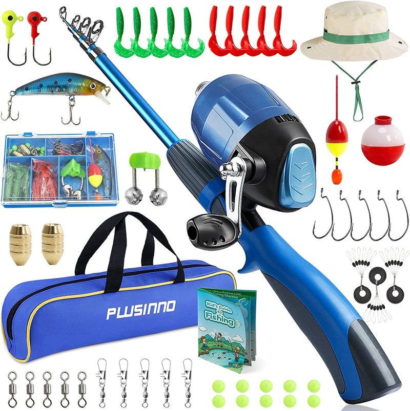 PLUSINNO Kids Fishing Pole,Ice Telescopic Fishing Rod and Reel Full Kits, Spincast Youth Fishing Pole Fishing Gear for Kids, Boys Sporting Goods > Outdoor Recreation > Fishing > Fishing Rods PLUSINNO Blue Handle with Bag&Hat 150CM 59.05IN 