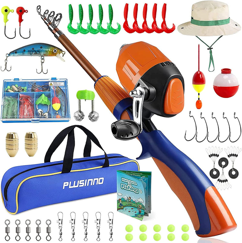 PLUSINNO Kids Fishing Pole,Ice Telescopic Fishing Rod and Reel Full Kits, Spincast Youth Fishing Pole Fishing Gear for Kids, Boys Sporting Goods > Outdoor Recreation > Fishing > Fishing Rods PLUSINNO Orange Handle with Bag&Hat 150CM 59.05IN 