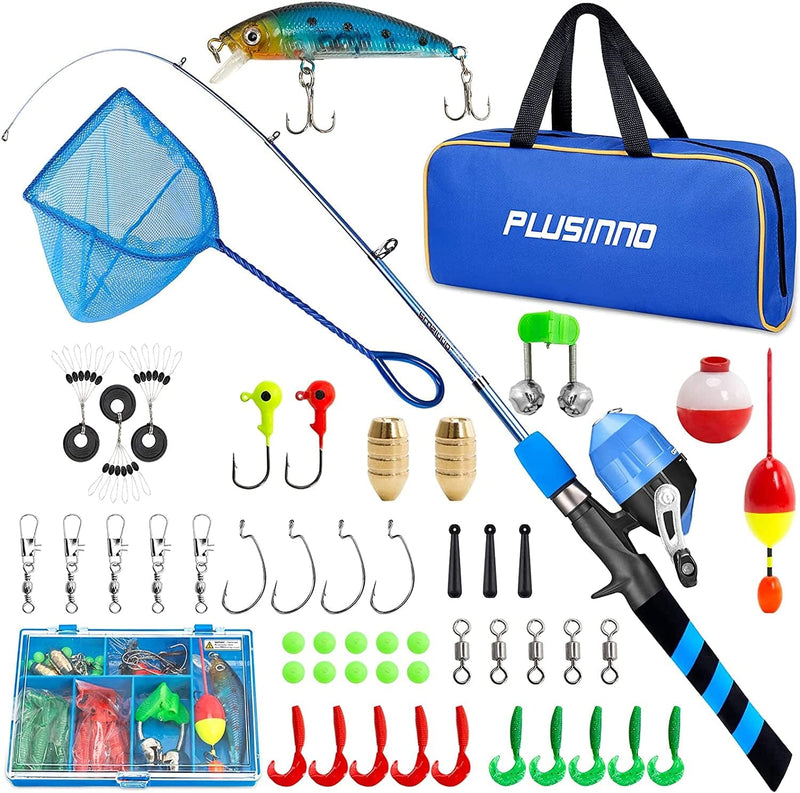 PLUSINNO Kids Fishing Pole, Portable Telescopic Fishing Rod and Reel Combo Kit - with Spincast Fishing Reel Tackle Box for Boys, Girls, Youth Sporting Goods > Outdoor Recreation > Fishing > Fishing Rods PLUSINNO Blue+Net 1.8M 5.91FT 