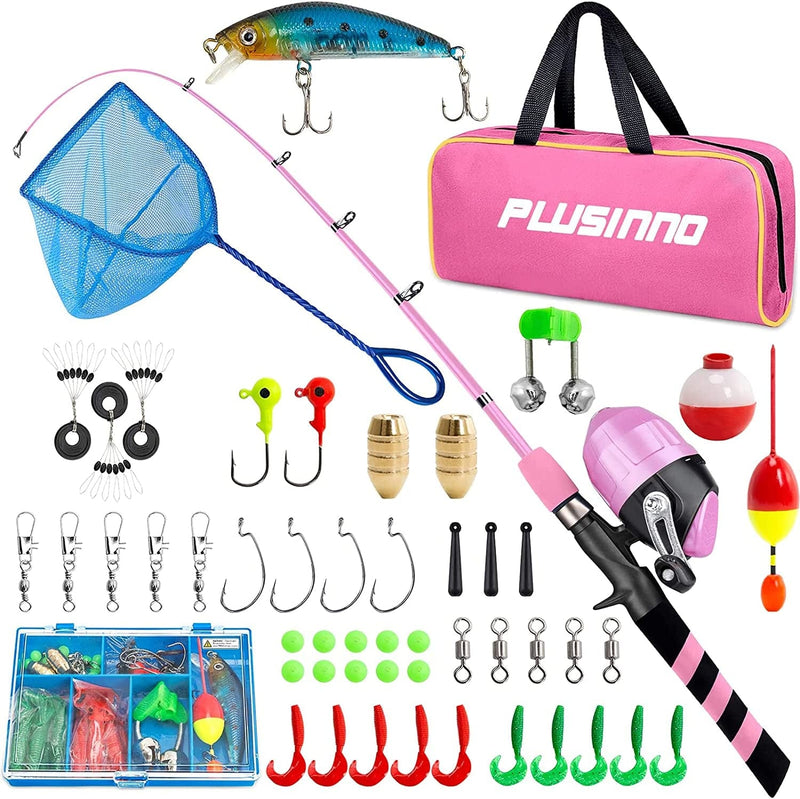 PLUSINNO Kids Fishing Pole, Portable Telescopic Fishing Rod and Reel Combo Kit - with Spincast Fishing Reel Tackle Box for Boys, Girls, Youth Sporting Goods > Outdoor Recreation > Fishing > Fishing Rods PLUSINNO Pink+Net 1.8M 5.91FT 