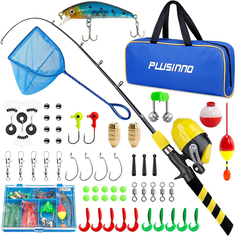 PLUSINNO Kids Fishing Pole, Portable Telescopic Fishing Rod and Reel Combo Kit - with Spincast Fishing Reel Tackle Box for Boys, Girls, Youth