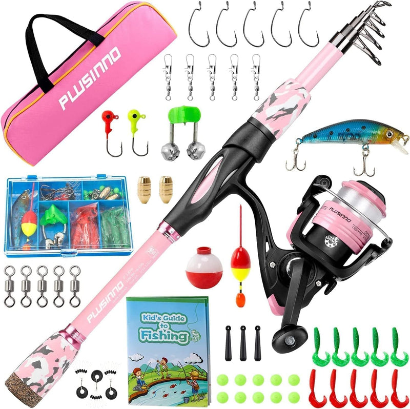 PLUSINNO Kids Fishing Pole, Portable Telescopic Fishing Rod and Reel Combo Kit - with Spinning Fishing Reel Tackle Box for Boys, Girls, Youth Sporting Goods > Outdoor Recreation > Fishing > Fishing Rods PLUSINNO PINK-02 1.5M 4.92Ft 