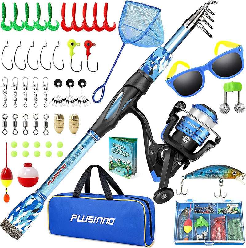 PLUSINNO Kids Fishing Pole, Portable Telescopic Fishing Rod and Reel Combo Kit - with Spinning Fishing Reel Tackle Box for Boys, Girls, Youth