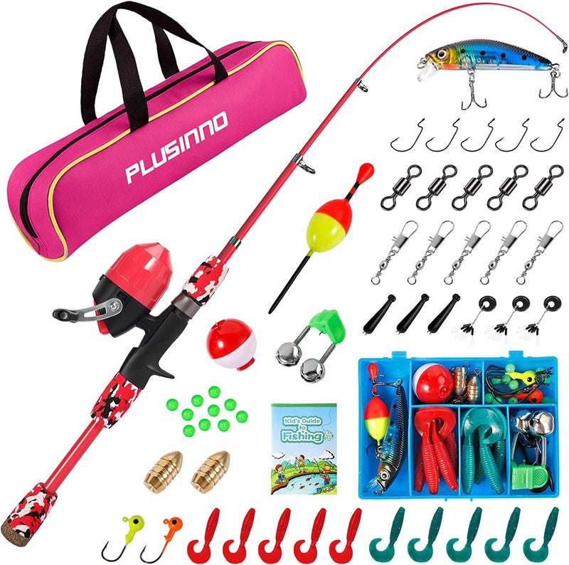 PLUSINNO Kids Fishing Pole with Spincast Reel Telescopic Fishing Rod Combo Full Kits for Boys, Girls, and Adults Sporting Goods > Outdoor Recreation > Fishing > Fishing Rods PLUSINNO Red 120cm 47.24In 