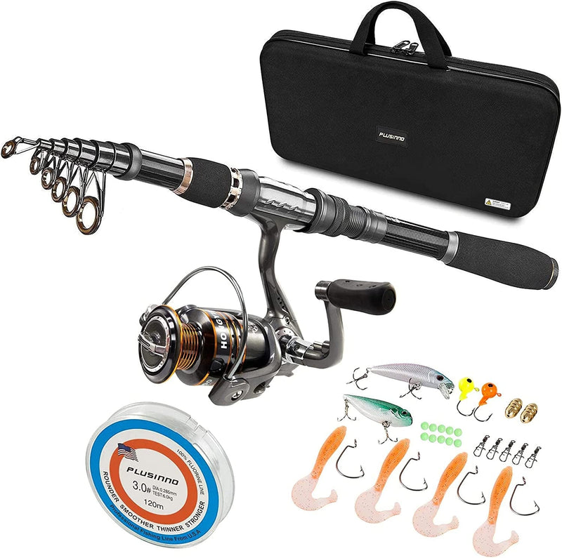 PLUSINNO Telescopic Fishing Rod and Reel Combos Full Kit, Carbon Fiber Fishing Pole, 12 +1 Shielded Bearings Stainless Steel BB Spinning Reel Sporting Goods > Outdoor Recreation > Fishing > Fishing Rods PLUSINNO Full Kit with Carrier Case 2.7M 8.86FT 