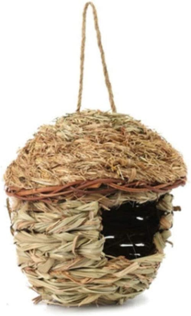 POPETPOP Hanging Bird House Handwoven Grass Bird Hut - Bird Nest for Parakeets Parrots Canary and Other Small Pets - Bird Cage Accessories - Size M Animals & Pet Supplies > Pet Supplies > Bird Supplies > Bird Cages & Stands POPETPOP   