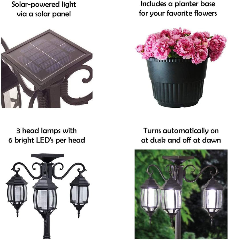 Portable 3-Head LED Solar Light Planter for Backyard Patio Porch Outdoor Decoration - 6.7 Ft. (80 In.) Black Solar Street Lamp with Planter Home & Garden > Lighting > Lamps Pier Surplus   