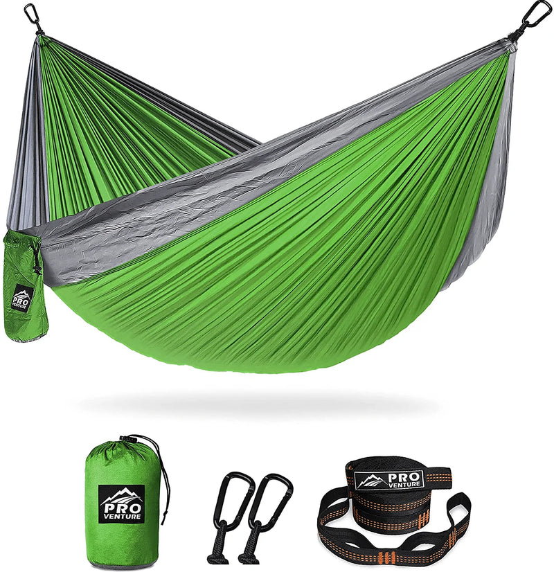 Pro Venture Hammocks - Double or Single Hammock 400lbs (+2 Tree Straps + 2 Carabiners) - Portable 2 Person, Safe, Strong, Lightweight Nylon 210T - for Camping, Backpacking, Hiking, Patio Home & Garden > Lawn & Garden > Outdoor Living > Hammocks Pro Venture Double - Lime Green / Grey  
