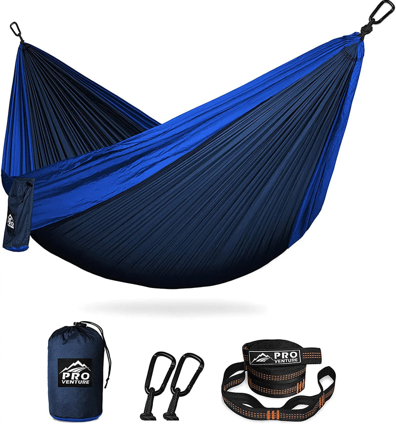 Pro Venture Hammocks - Double or Single Hammock 400lbs (+2 Tree Straps + 2 Carabiners) - Portable 2 Person, Safe, Strong, Lightweight Nylon 210T - for Camping, Backpacking, Hiking, Patio