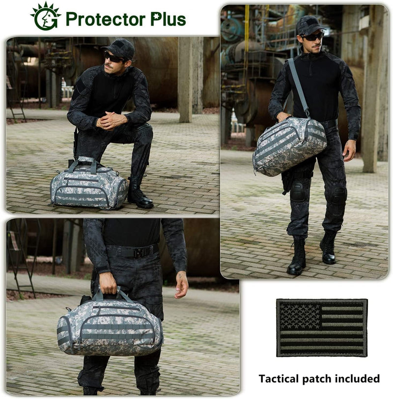 Protector plus Tactical Duffle Bag Men Sports Gym Backpack Military MOLLE Luggage Suitcase Travel Camping Outdoor Rucksack (Rain Cover & Patch Included), ACU, 45L Home & Garden > Household Supplies > Storage & Organization Protector Plus   