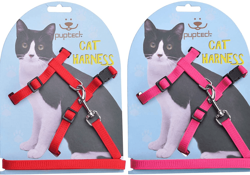 PUPTECK Adjustable Cat Harness Nylon Strap Collar with Leash Animals & Pet Supplies > Pet Supplies > Cat Supplies > Cat Apparel PUPTECK Red&Pink  