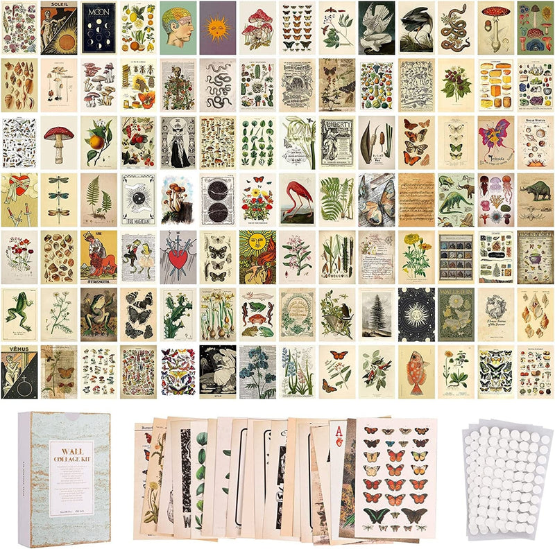 Puthiac 100PCS Vintage Photo Wall Collage Kit Aesthetic Posters, Double-Sided Printed Botanical Illustration Tarot Aesthetic Pictures for Cottage Core Vintage Room Decor (Vintage Set of 200Pictures) Home & Garden > Decor > Artwork > Posters, Prints, & Visual Artwork puthiac 100PCS  