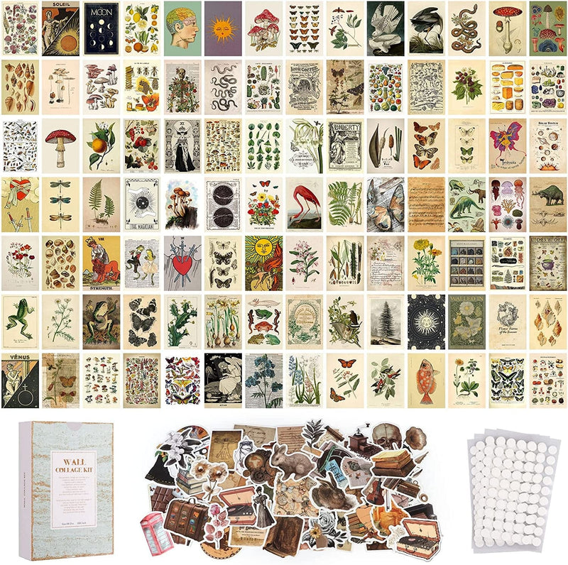 Puthiac 100PCS Vintage Photo Wall Collage Kit Aesthetic Posters, Double-Sided Printed Botanical Illustration Tarot Aesthetic Pictures for Cottage Core Vintage Room Decor (Vintage Set of 200Pictures) Home & Garden > Decor > Artwork > Posters, Prints, & Visual Artwork puthiac 200PCS  