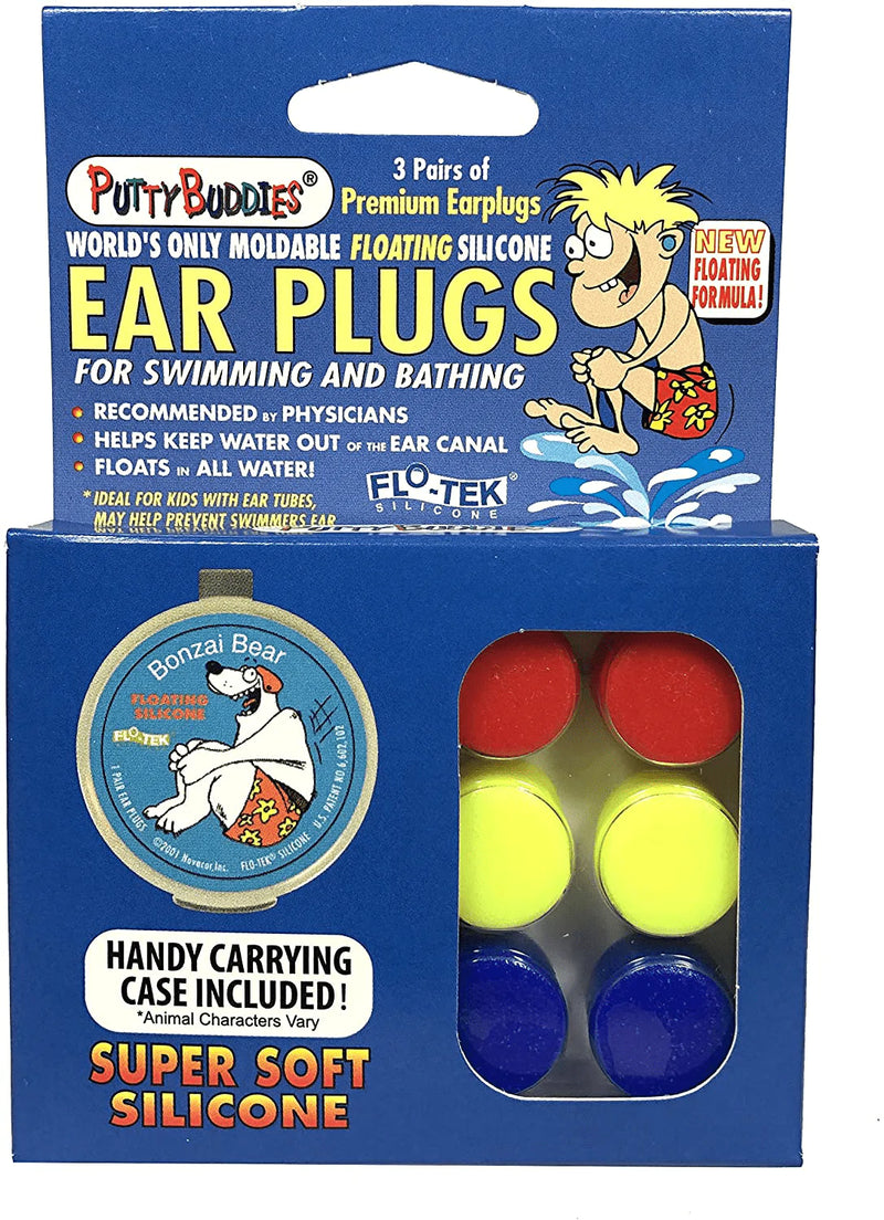 PUTTY BUDDIES Floating Earplugs 3-Pair Pack – Soft Silicone Ear Plugs for Swimming & Bathing – Invented by Physician – Keep Water Out – Premium Swimming Earplugs – Doctor Recommended Sporting Goods > Outdoor Recreation > Boating & Water Sports > Swimming Putty Buddies Red/Yellow/Blue  