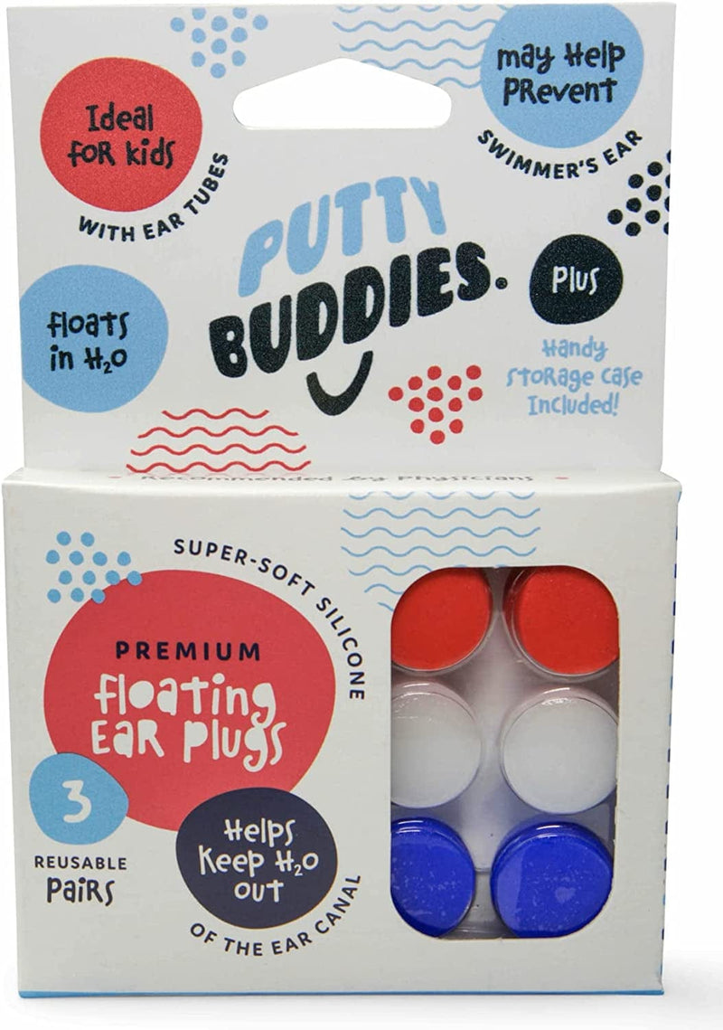 PUTTY BUDDIES Floating Earplugs 3-Pair Pack – Soft Silicone Ear Plugs for Swimming & Bathing – Invented by Physician – Keep Water Out – Premium Swimming Earplugs – Doctor Recommended Sporting Goods > Outdoor Recreation > Boating & Water Sports > Swimming Putty Buddies Blue/White/Red  