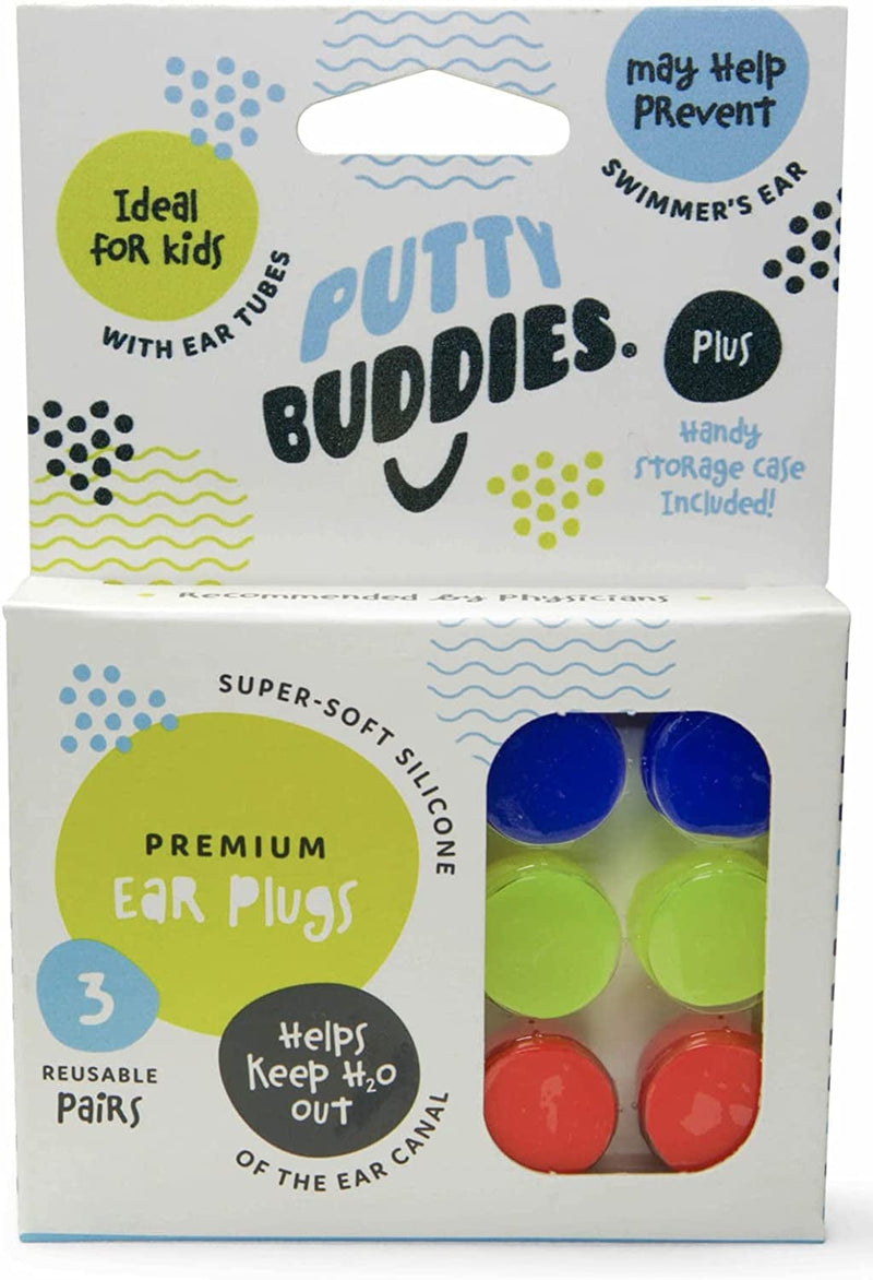 PUTTY BUDDIES Original Swimming Earplugs 3-Pair Pack (Purple/Teal/Magenta) Sporting Goods > Outdoor Recreation > Boating & Water Sports > Swimming Putty Buddies Red/Blue/Yellow  
