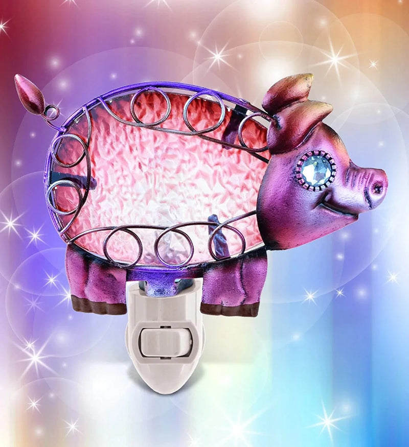 Puzzled Glass Art Night Light, Plug in Decorative Socket Lamp, Manual on & off Portable Light for Stairway, Bedroom, Bathroom, Nursery, Home Accessory & Kitchen Decor - Pig