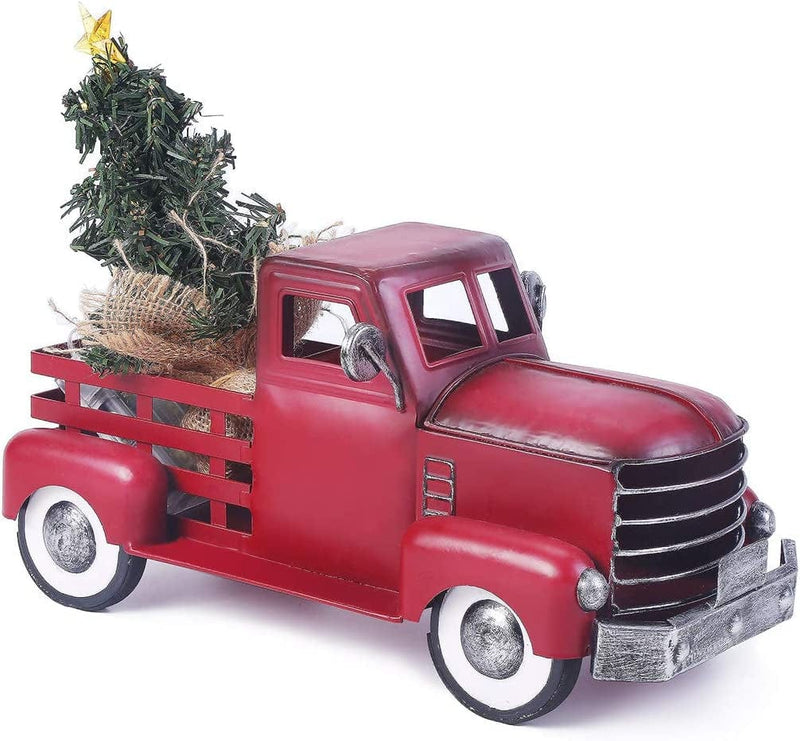Pylemon Vintage Red Truck Christmas Decor with a Lit-Up Removable Christmas Tree Wrapped around by LED Lights String, Farmhouse Metal Pickup Truck Decor, Great Gift for Holiday Decorations Home & Garden > Decor > Seasonal & Holiday Decorations AXAC Red with Tree  