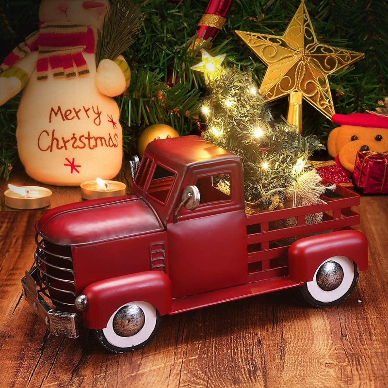 Pylemon Vintage Red Truck Christmas Decor with a Lit-Up Removable Christmas Tree Wrapped around by LED Lights String, Farmhouse Metal Pickup Truck Decor, Great Gift for Holiday Decorations Home & Garden > Decor > Seasonal & Holiday Decorations AXAC   