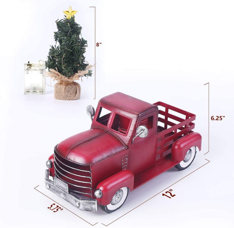 Pylemon Vintage Red Truck Christmas Decor with a Lit-Up Removable Christmas Tree Wrapped around by LED Lights String, Farmhouse Metal Pickup Truck Decor, Great Gift for Holiday Decorations