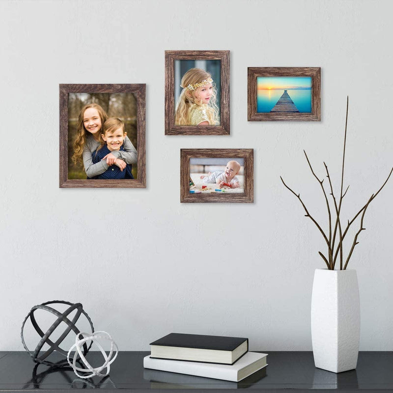 Q.Hou 8X10 Picture Frame Wood Patten Rustic Brown Photo Frames Packs 4 with High Difinition Glass for Tabletop or Wall Decor (QH-PF8X10-BR) Home & Garden > Decor > Picture Frames Q.Hou   