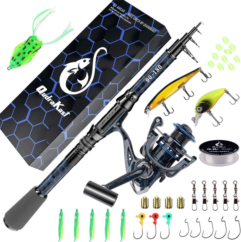 Qudrakast Fishing Rod and Reel Combos - High Carbon Fiber Telescopic Fishing Pole and 12+1 Full Metal Ultra Smooth Spinning Reel with X-Warping Pattern Design Sporting Goods > Outdoor Recreation > Fishing > Fishing Rods QudraKast Blue Full Kit 1.8M 6.29FT 