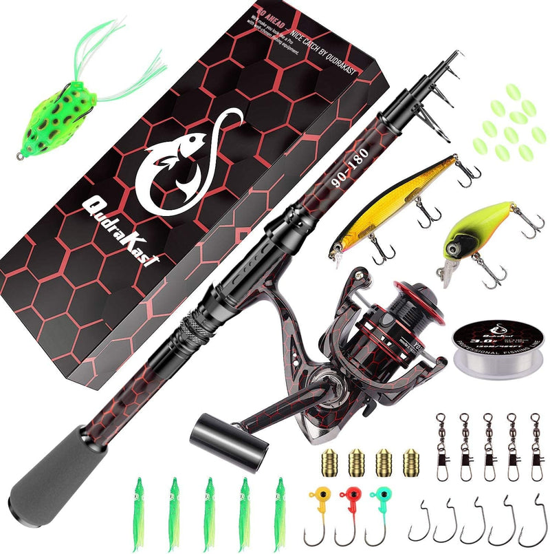 Qudrakast Fishing Rod and Reel Combos - High Carbon Fiber Telescopic Fishing Pole and 12+1 Full Metal Ultra Smooth Spinning Reel with X-Warping Pattern Design Sporting Goods > Outdoor Recreation > Fishing > Fishing Rods QudraKast Red Full Kit 1.8M 6.29FT 