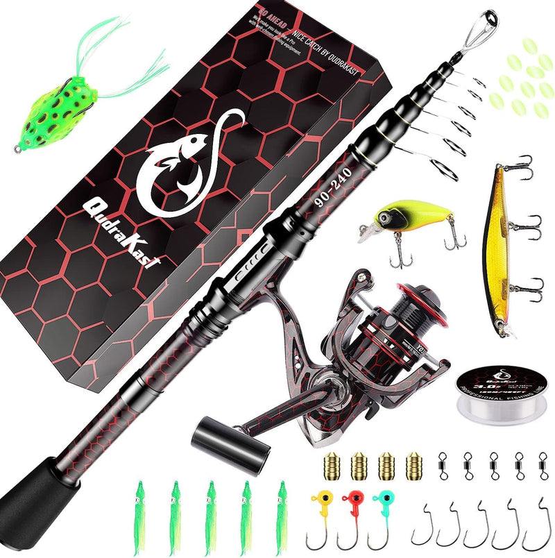 Qudrakast Fishing Rod and Reel Combos - High Carbon Fiber Telescopic Fishing Pole and 12+1 Full Metal Ultra Smooth Spinning Reel with X-Warping Pattern Design Sporting Goods > Outdoor Recreation > Fishing > Fishing Rods QudraKast Red Full Kit-Super Ring 2.4M 8.13FT 