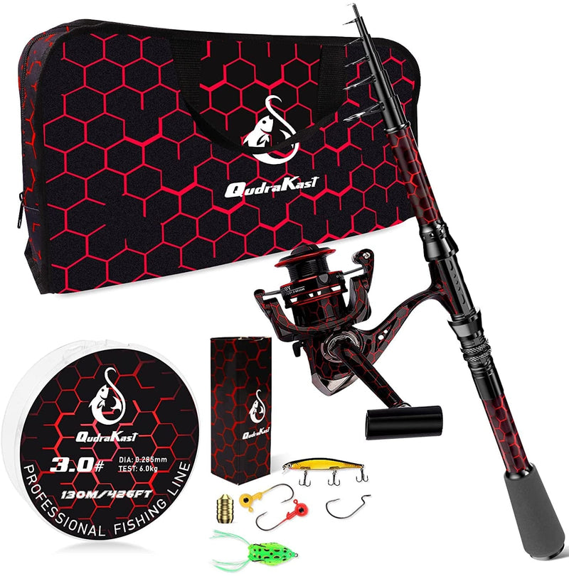 Qudrakast Fishing Rod and Reel Combos - High Carbon Fiber Telescopic Fishing Pole and 12+1 Full Metal Ultra Smooth Spinning Reel with X-Warping Pattern Design Sporting Goods > Outdoor Recreation > Fishing > Fishing Rods QudraKast X-Red Full Kit With Carrier Bag 2.1M 7.02FT 