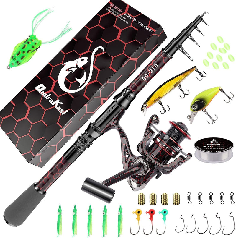 Qudrakast Fishing Rod and Reel Combos - High Carbon Fiber Telescopic Fishing Pole and 12+1 Full Metal Ultra Smooth Spinning Reel with X-Warping Pattern Design Sporting Goods > Outdoor Recreation > Fishing > Fishing Rods QudraKast Red Full Kit 2.1M 7.02FT 
