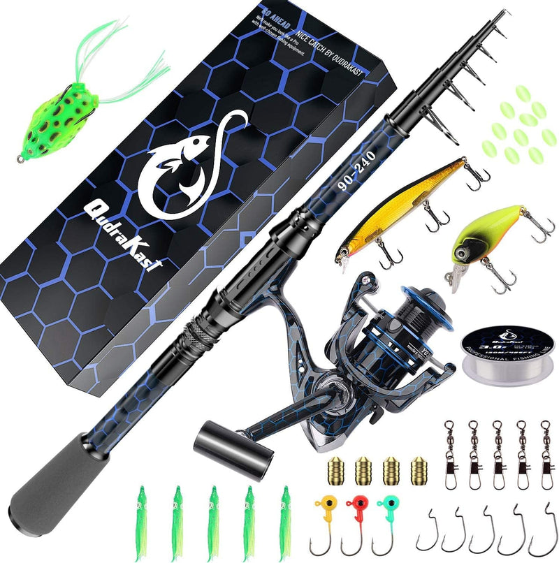 Qudrakast Fishing Rod and Reel Combos - High Carbon Fiber Telescopic Fishing Pole and 12+1 Full Metal Ultra Smooth Spinning Reel with X-Warping Pattern Design Sporting Goods > Outdoor Recreation > Fishing > Fishing Rods QudraKast Blue Full Kit 2.4M 8.13FT 