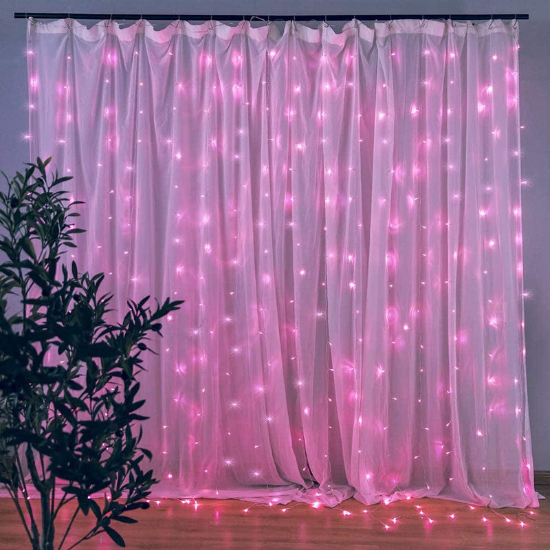 Qunlight Star 304 LED 9.8Ftx9.8Ft 30V 8 Modes,Window Curtain String Lights Wedding Party Home Garden Bedroom Outdoor Indoor Wall Decorations(Cool White) Home & Garden > Lighting > Light Ropes & Strings Qunlight Pink  