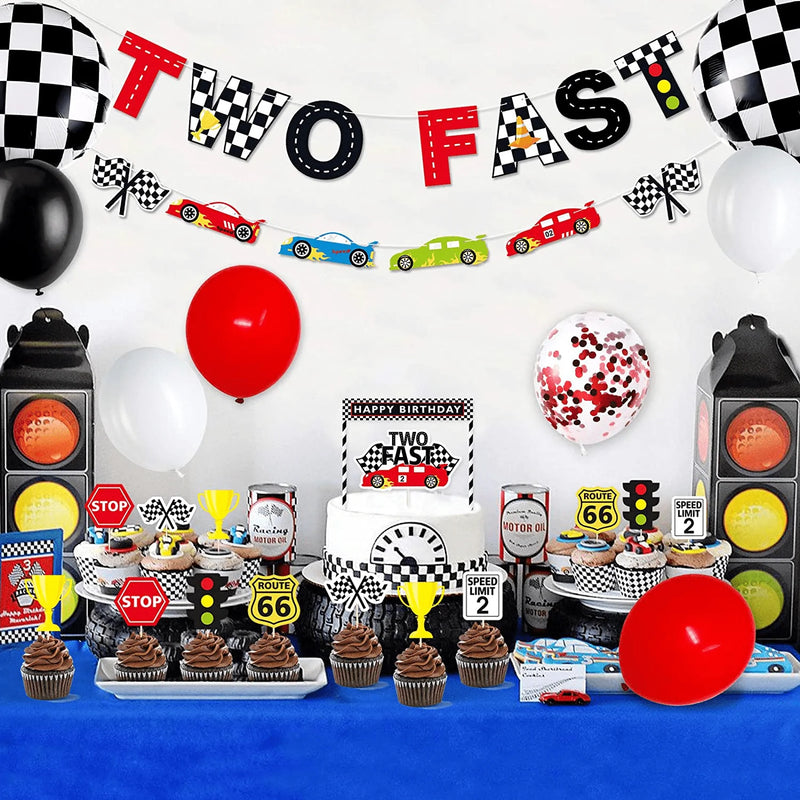 Race Car Two Fast Party Decorations Supplies Racing Theme 2nd Birthday Party Banner Race Car Second Birthday Cake Topper Checkered Flags Balloons for Let's go Racing Theme Sports Event Party Supplies Arts & Entertainment > Party & Celebration > Party Supplies Bessmoso   