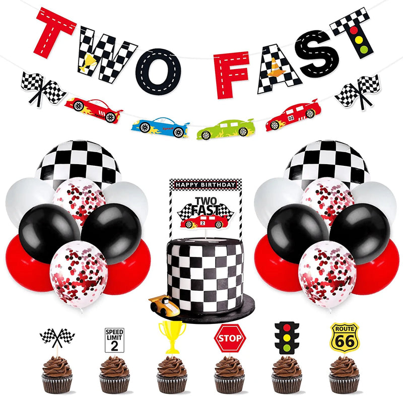 Race Car Two Fast Party Decorations Supplies Racing Theme 2nd Birthday Party Banner Race Car Second Birthday Cake Topper Checkered Flags Balloons for Let's go Racing Theme Sports Event Party Supplies Arts & Entertainment > Party & Celebration > Party Supplies Bessmoso Default Title  